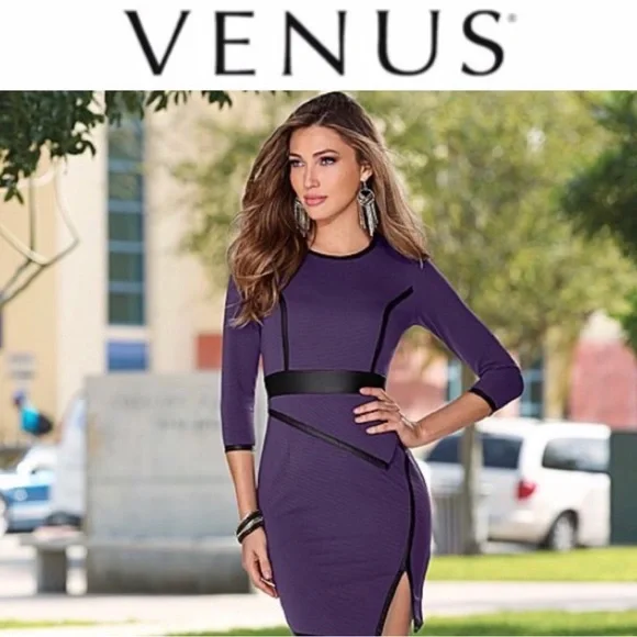 Venus Purple Dress with Black Faux Leather trim details Venus Purple Dress with Black Faux Leather trim details